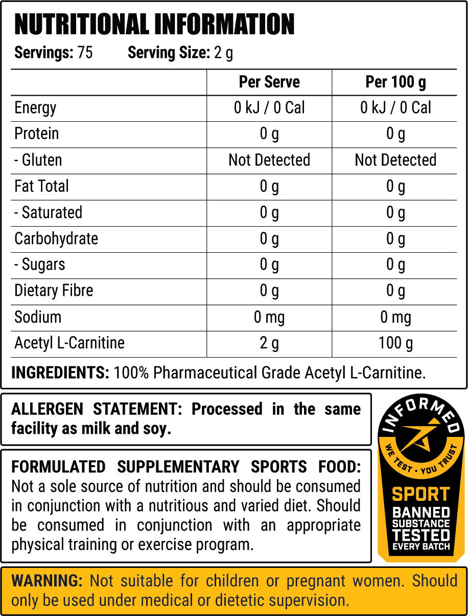 Acetyl L-Carnitine 150g / 75 Serves nutrition information