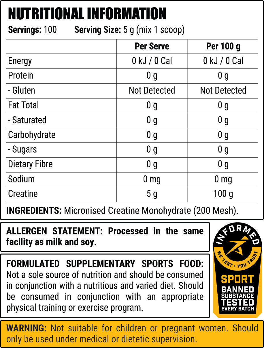 Creatine Monohydrate 500g - Unflavoured nutrition information