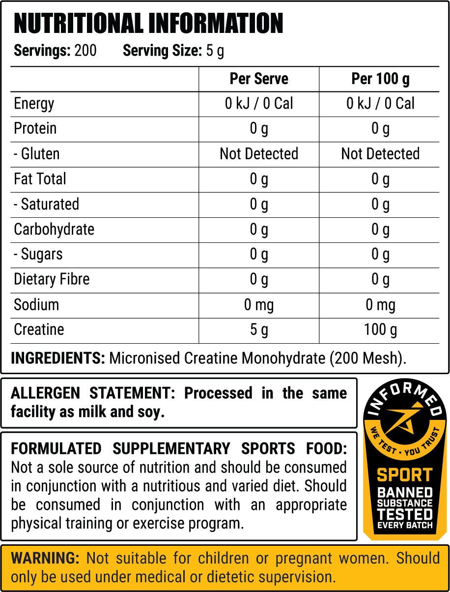 Creatine Monohydrate - 1kg / 200 serves - Unflavoured nutrition information