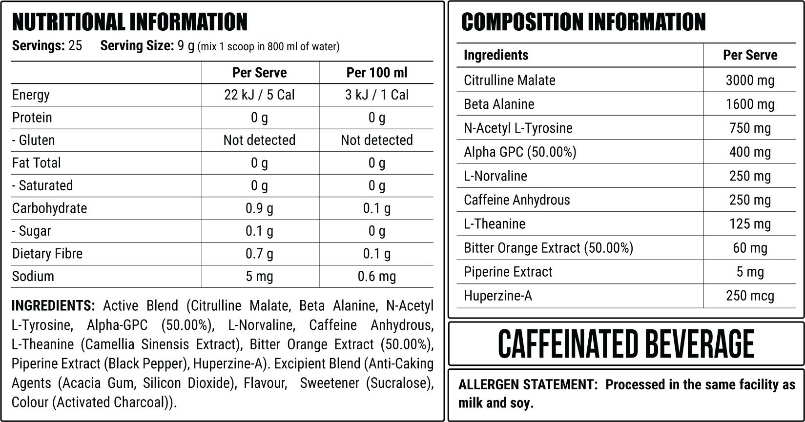 Black Fire nutrition information