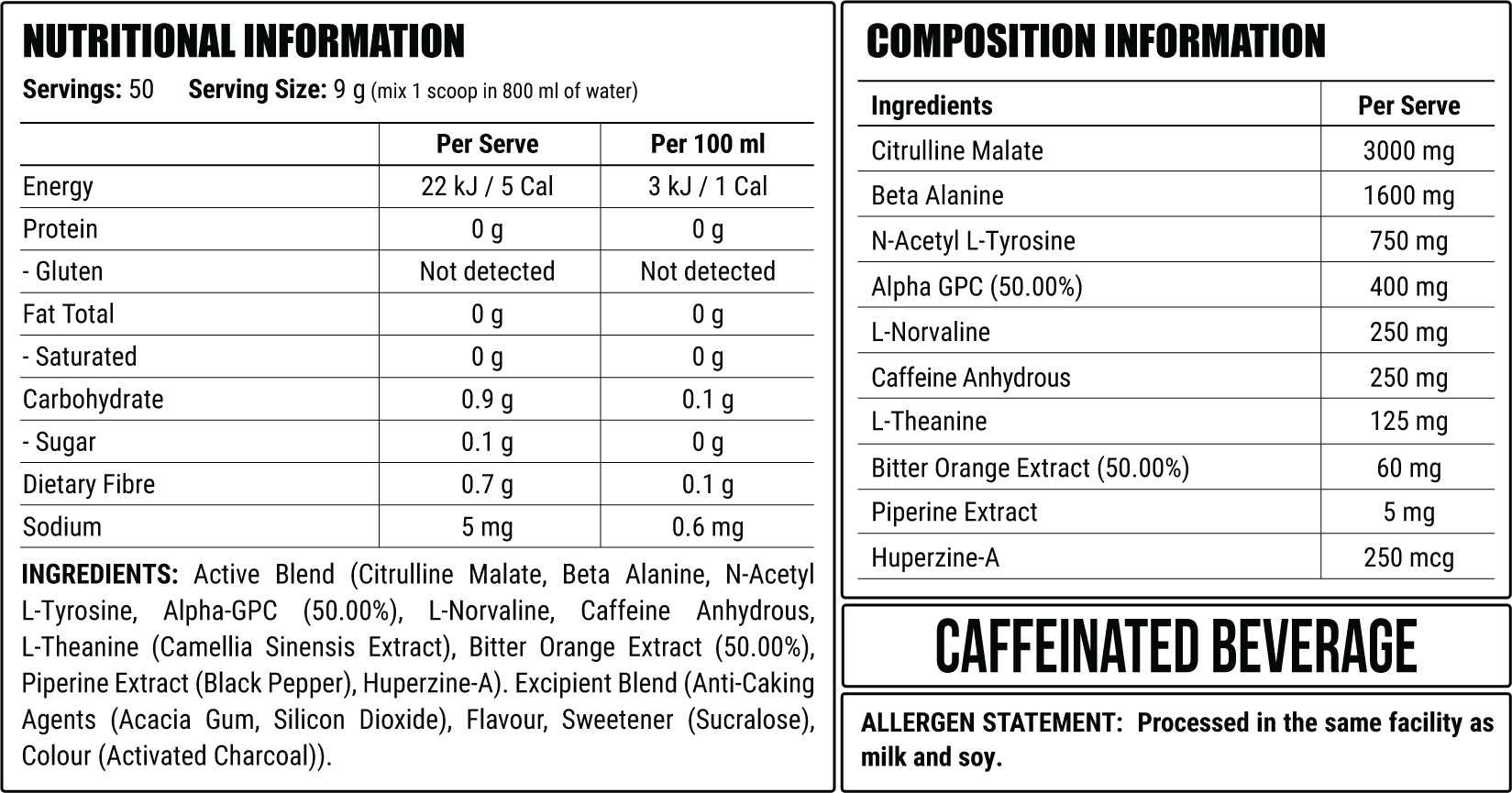Black Fire nutrition information