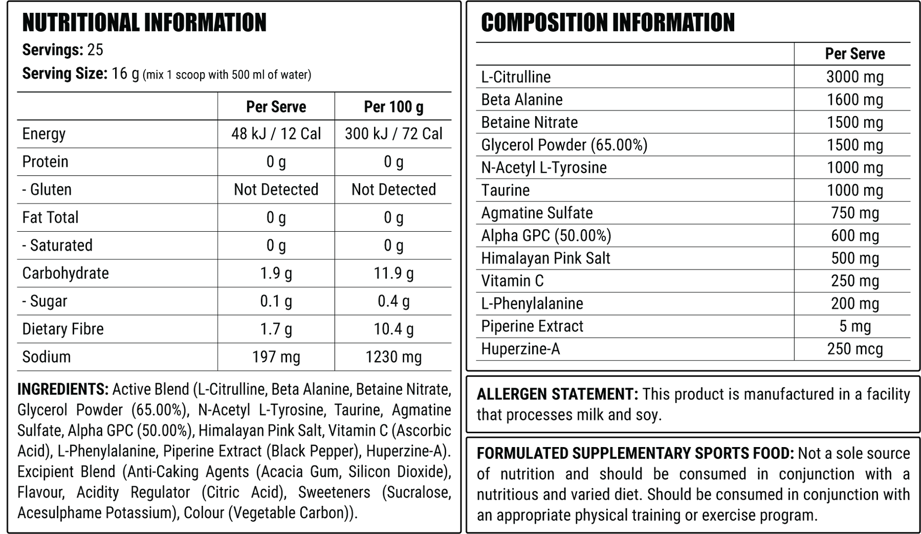 Black Fire nutrition information